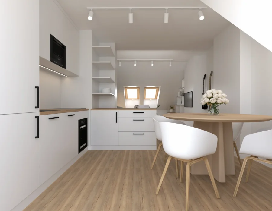 Interiérový design podkrovního bytu s přírodními prvky: kuchyň propojená s obývacím prostorem ve světlých tónech dřeva a šalvějově zelené. Ložnice v podobném stylu.
