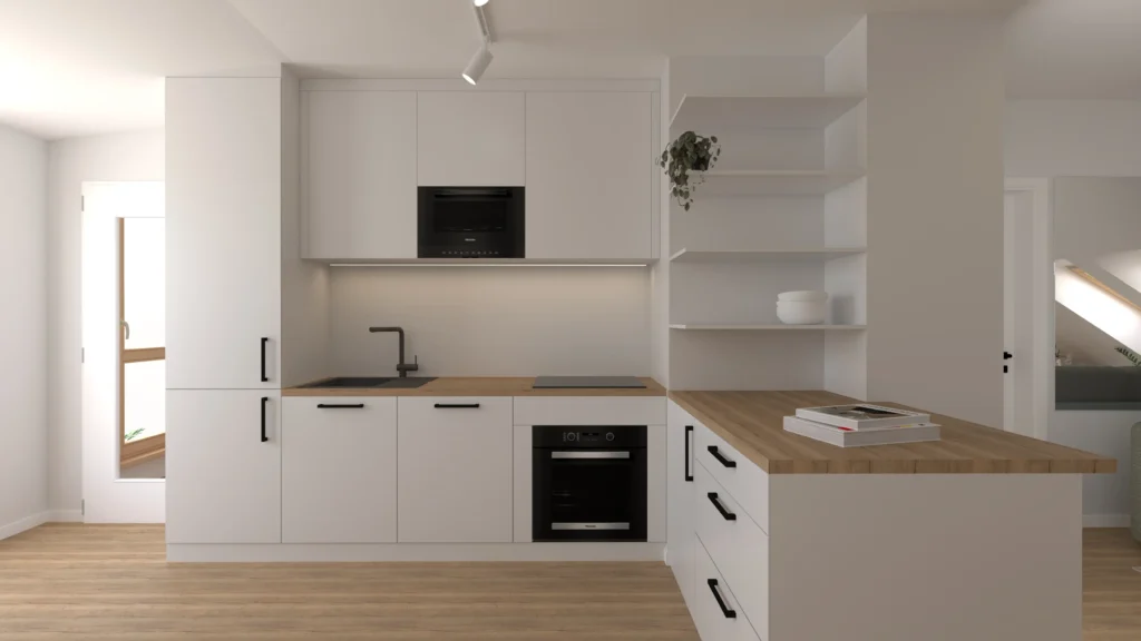 Interiérový design podkrovního bytu s přírodními prvky: kuchyň propojená s obývacím prostorem ve světlých tónech dřeva a šalvějově zelené. Ložnice v podobném stylu.