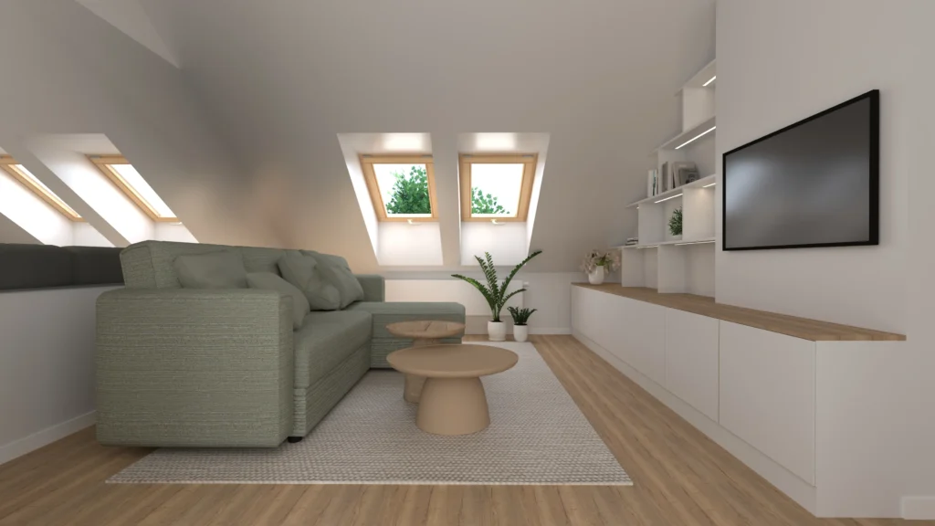 Interiérový design podkrovního bytu s přírodními prvky: kuchyň propojená s obývacím prostorem ve světlých tónech dřeva a šalvějově zelené. Ložnice v podobném stylu.